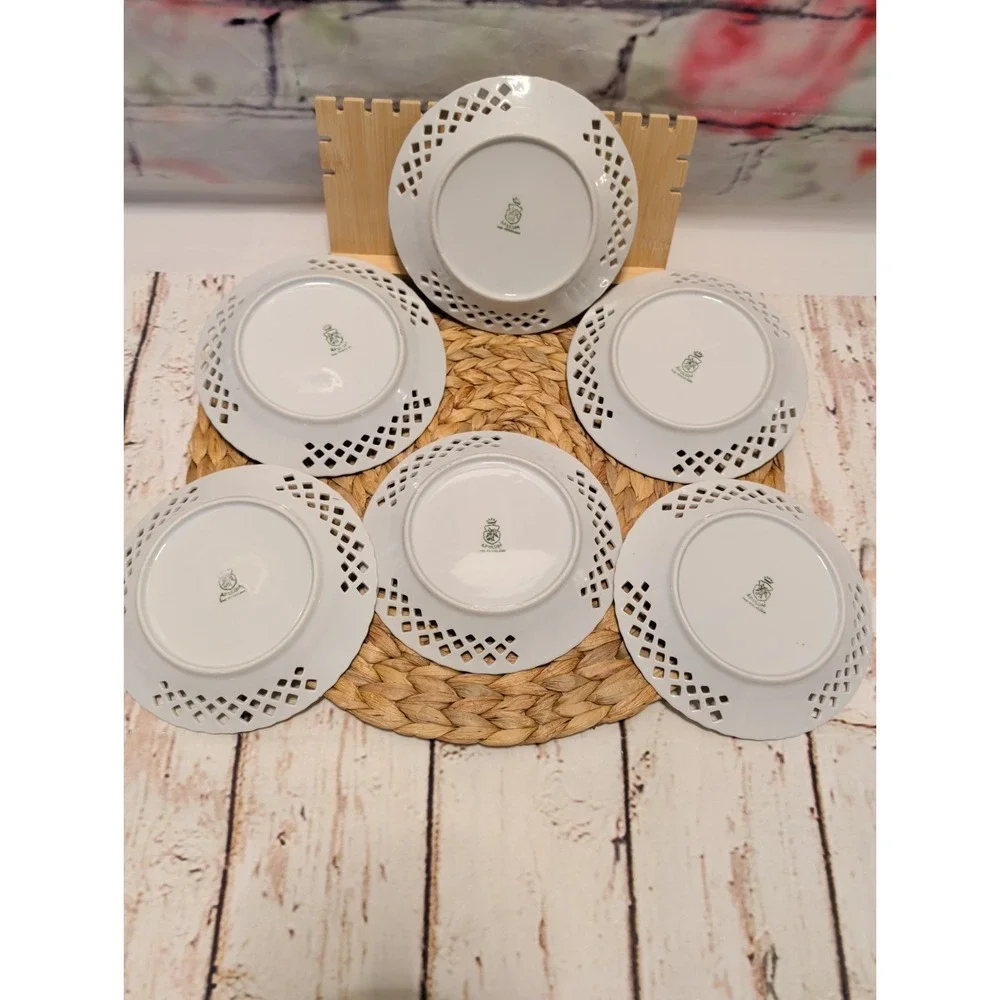 Reticulated APULUM Lucrum Romanian Fine Porcelain Plates Set Of 6 Floral Gold Tr